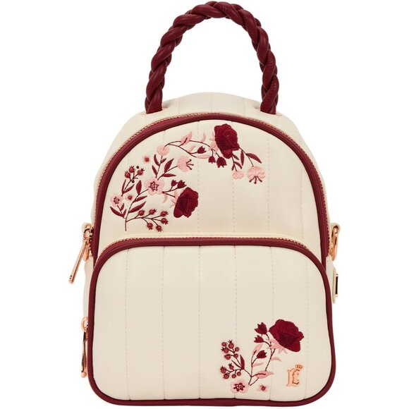 Cream & Red Floral Faux Leather Convertible Crossbody & Mini Backpack Bag